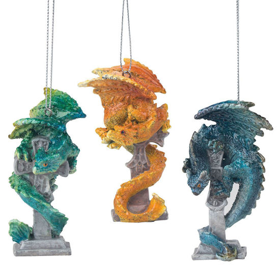set of 3 polyresin blue, green and orange dragon ornaments swaddle gothic cross headstones