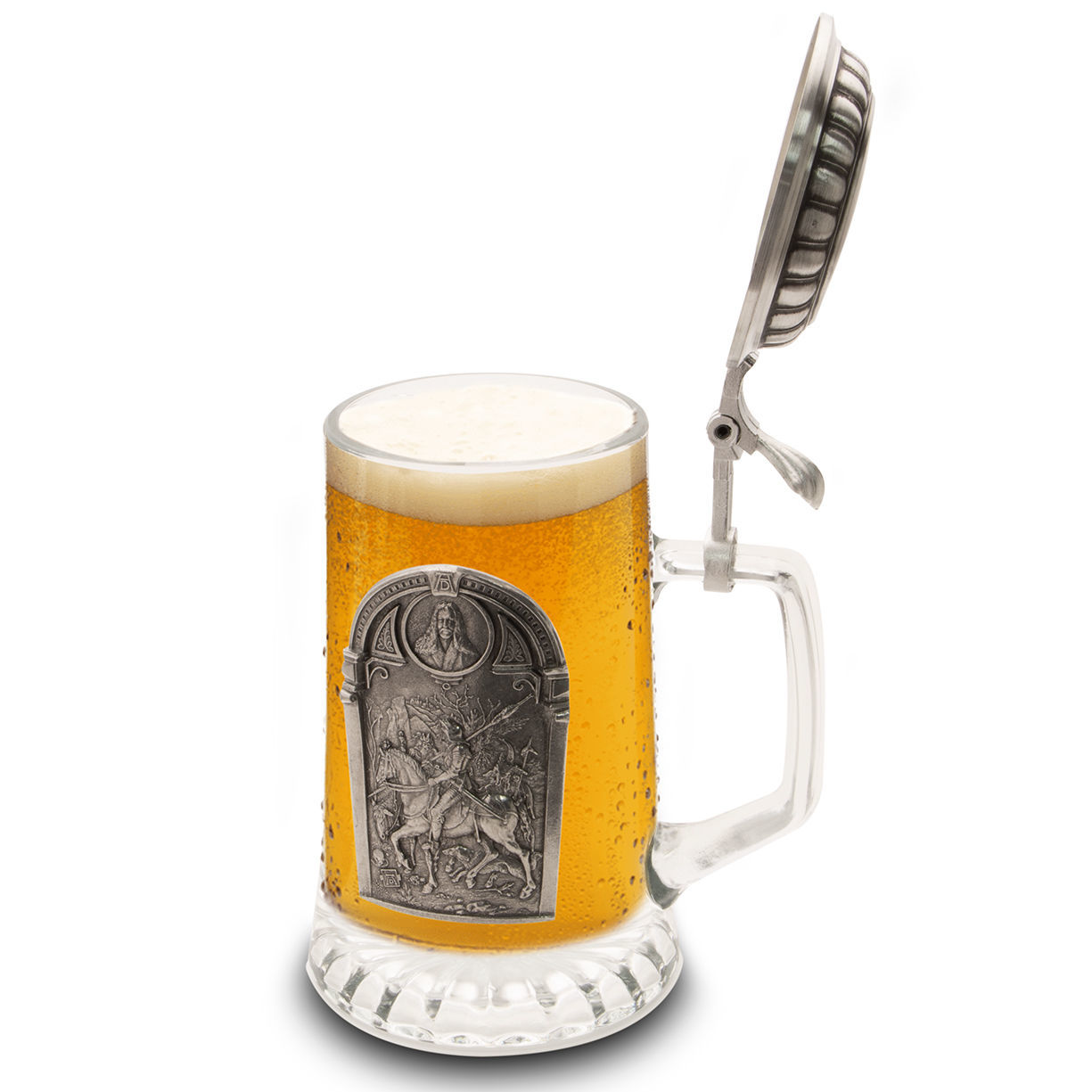 heavy glass starbottom stein features the Dürer image “A Knight, Death and the Devil” on a pewter medallion with lid