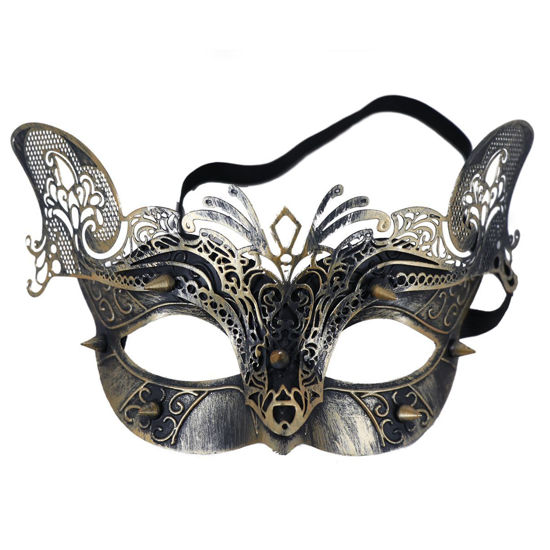 feline elegance in this Venetian Cat Mask with gold and black brushed finish with curlicue embellishments