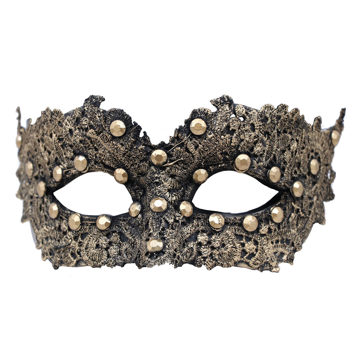 Venetian Golden Lace Mask is contoured faux leather covered with gold lace and plastic gold jewels, elastic band to secure