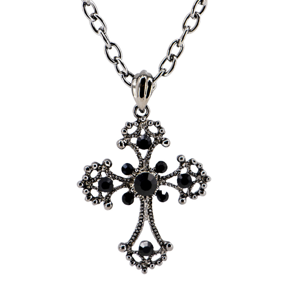 black Renaissance-styled cross is encrusted with 9  crystals with rich filigree and hangs from a 20" chain