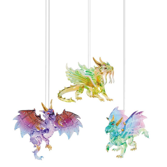 set of 3 hand-blown glass dragon ornaments with wings and horns, each a different color in a different pose, over 4-1/2" tall