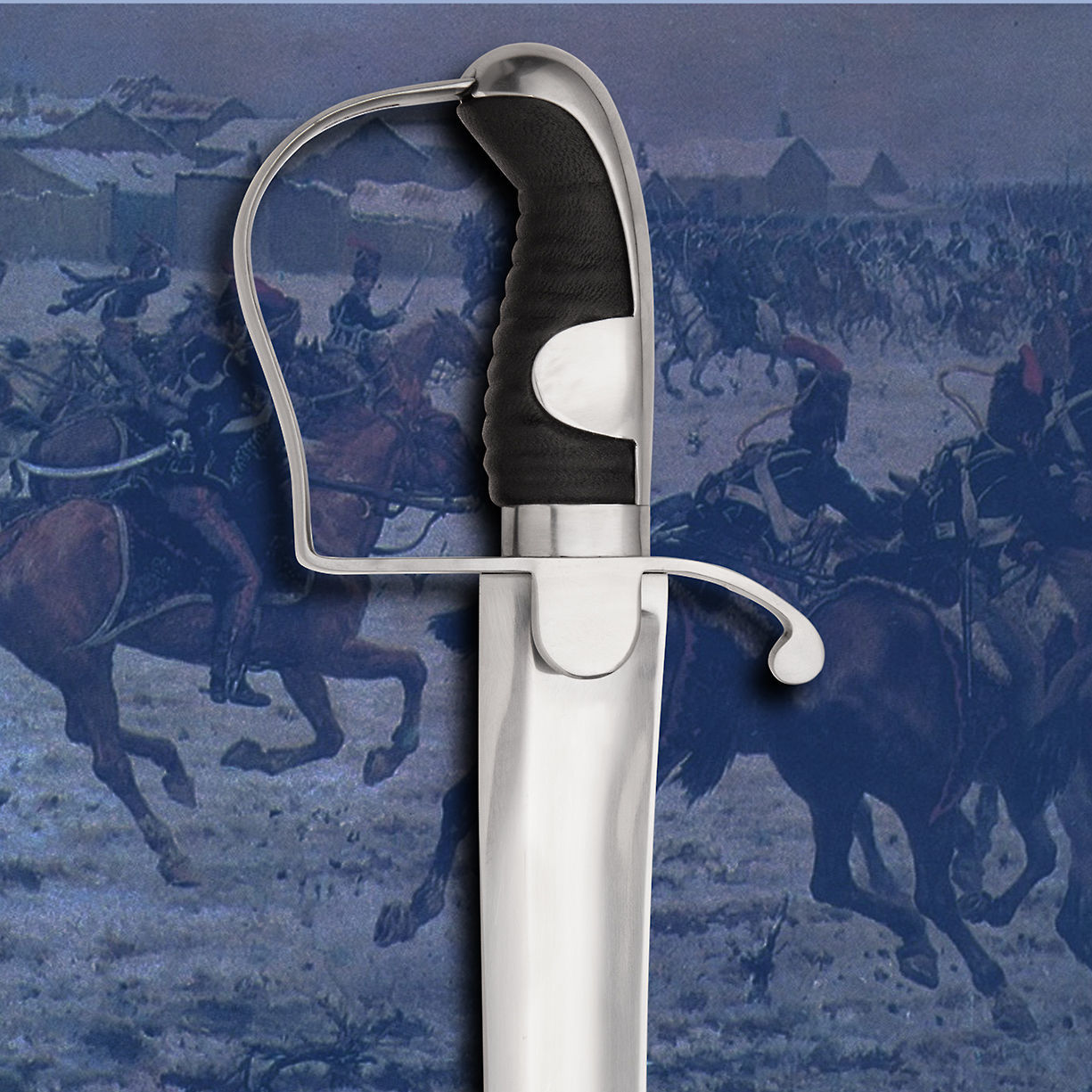 British 1796 Pattern Light Cavalry Saber has a wide knuckle guard, steel spine, and contoured, ribbed leather grip