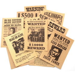 replica 12-poster set of historial Wanted signs with Butch Cassidy, Jesse James, Sam & Belle Starr,  Bonnie and Clyde and more