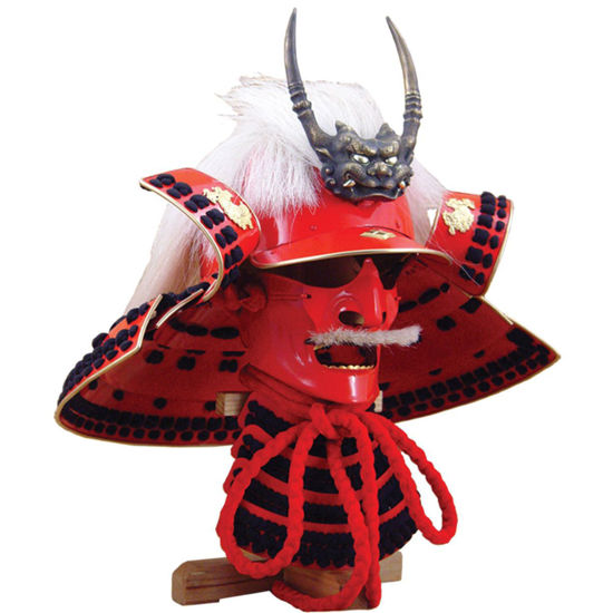 Takeda Shingen Helmet by Paul Chen Hanwei is red steel with horse hair mustache, gold teeth, includes wood stand.