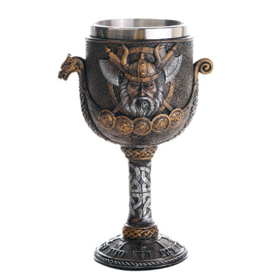 cold cast resin Viking Ship Goblet with axes and knotwork motif, base has runic symbols, stainless steel insert inside