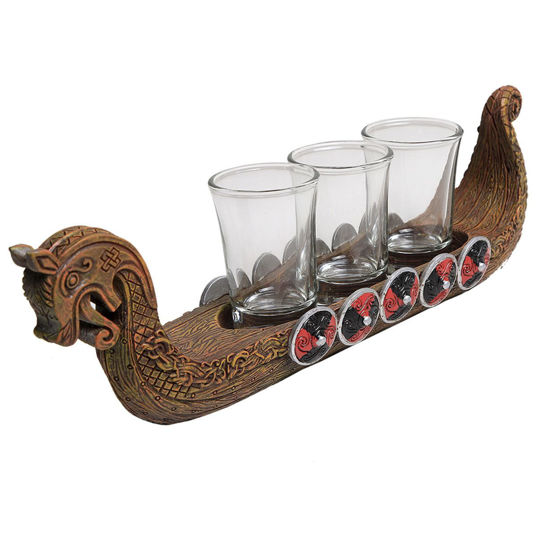 cold-cast resin Viking Ship Shot Glass Holder is Hand painted cold cast resin ship comes with 3 shot glasses