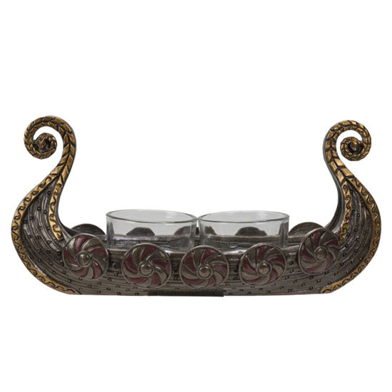 cold-cast resin Viking longship votive candle holder is highly detailed with scrollwork, includes 2 glass tea light holders