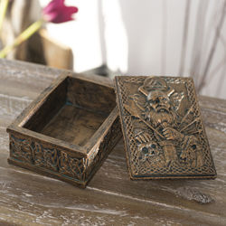 cold-cast resin Trinket Box depicts Odin in full armor with a sword, spears, and his ravens on his shoulders