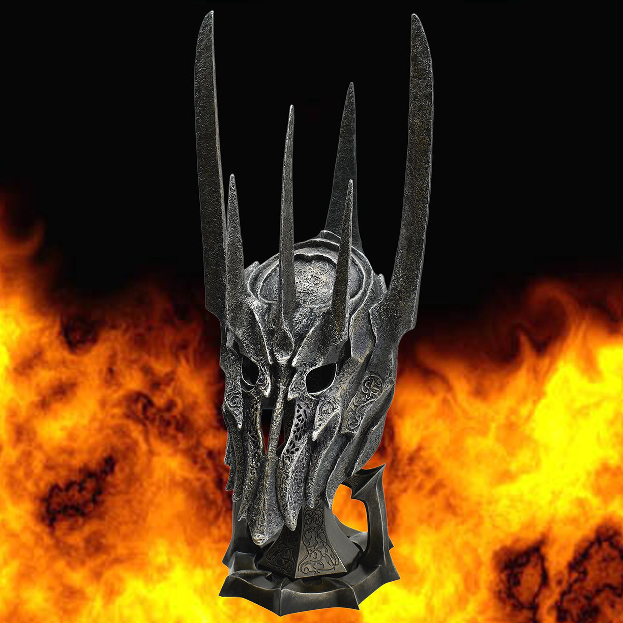 LOTR Sauron Helmet Half Scale Replica is 15 1/2” tall with etched surface sculpting matching the original movie prop
