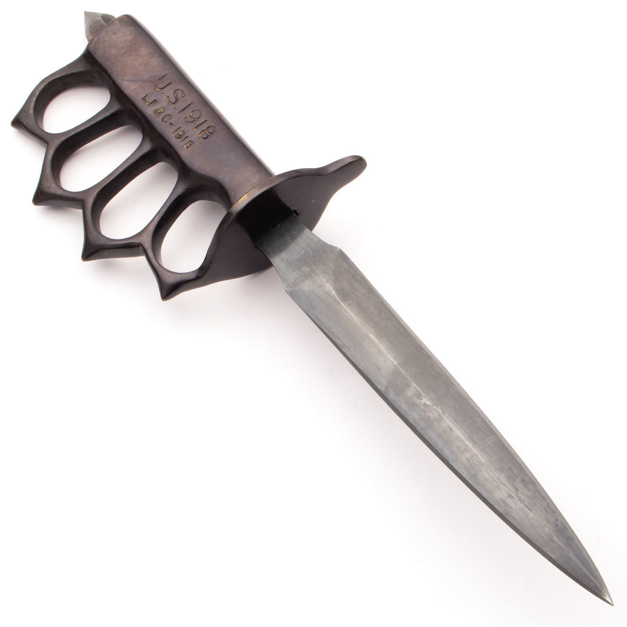 Replica 1918 US Knuckle Duster Trench Knife with blued, carbon steel blade, knuckle duster grip, skull crusher pommel