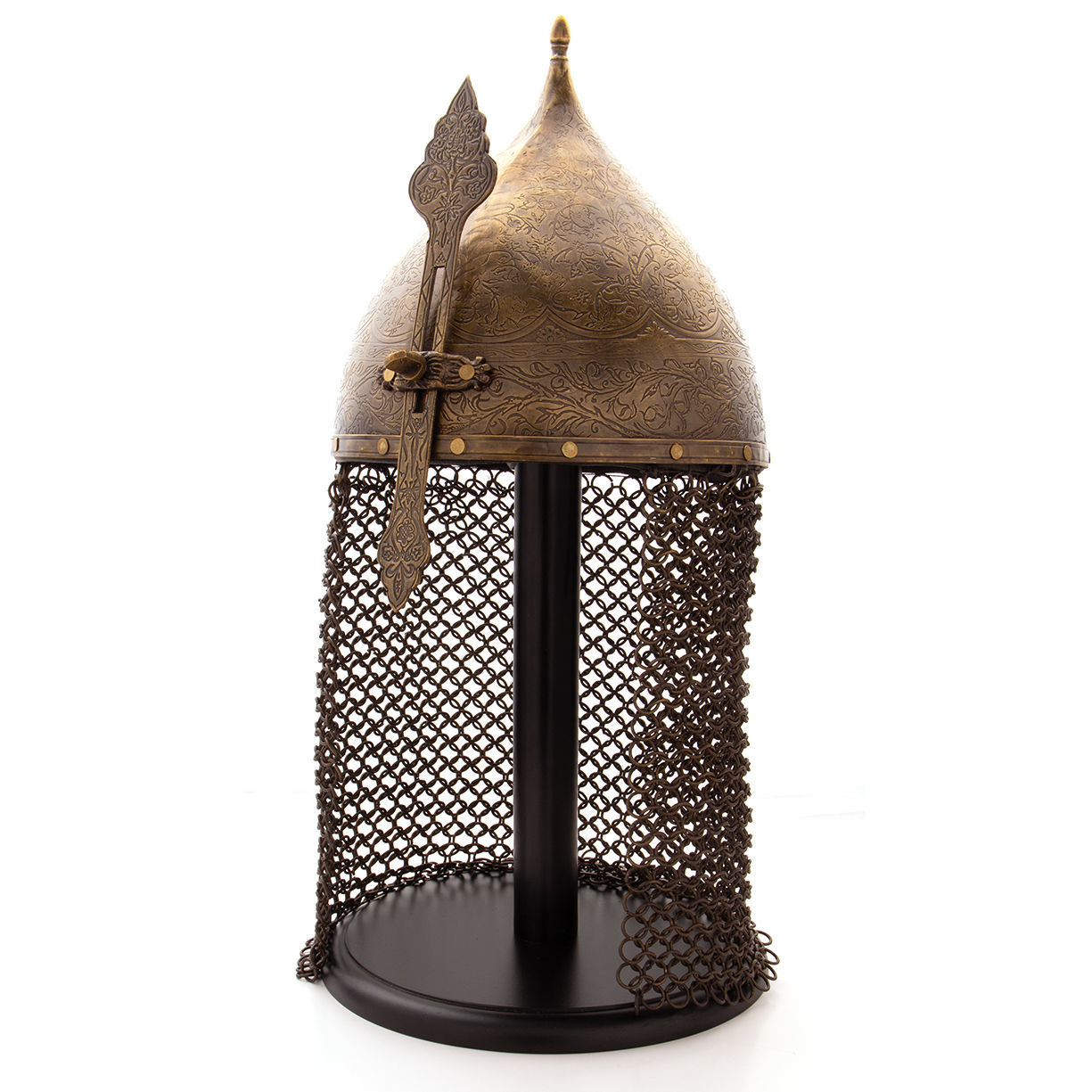 solid brass Indo-Persian fighting helmet is engraved, features brass mail aventail, and ornately embellished brass nasal bar 