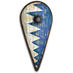Epic Armoury’s leaf-shaped Blue & White Norman Shield has latex construction for LARP sparring