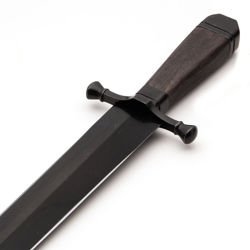 thin, sharp 1075 high carbon steel blade with stained coffin-shaped handle, includes leather belt sheath with steel throat