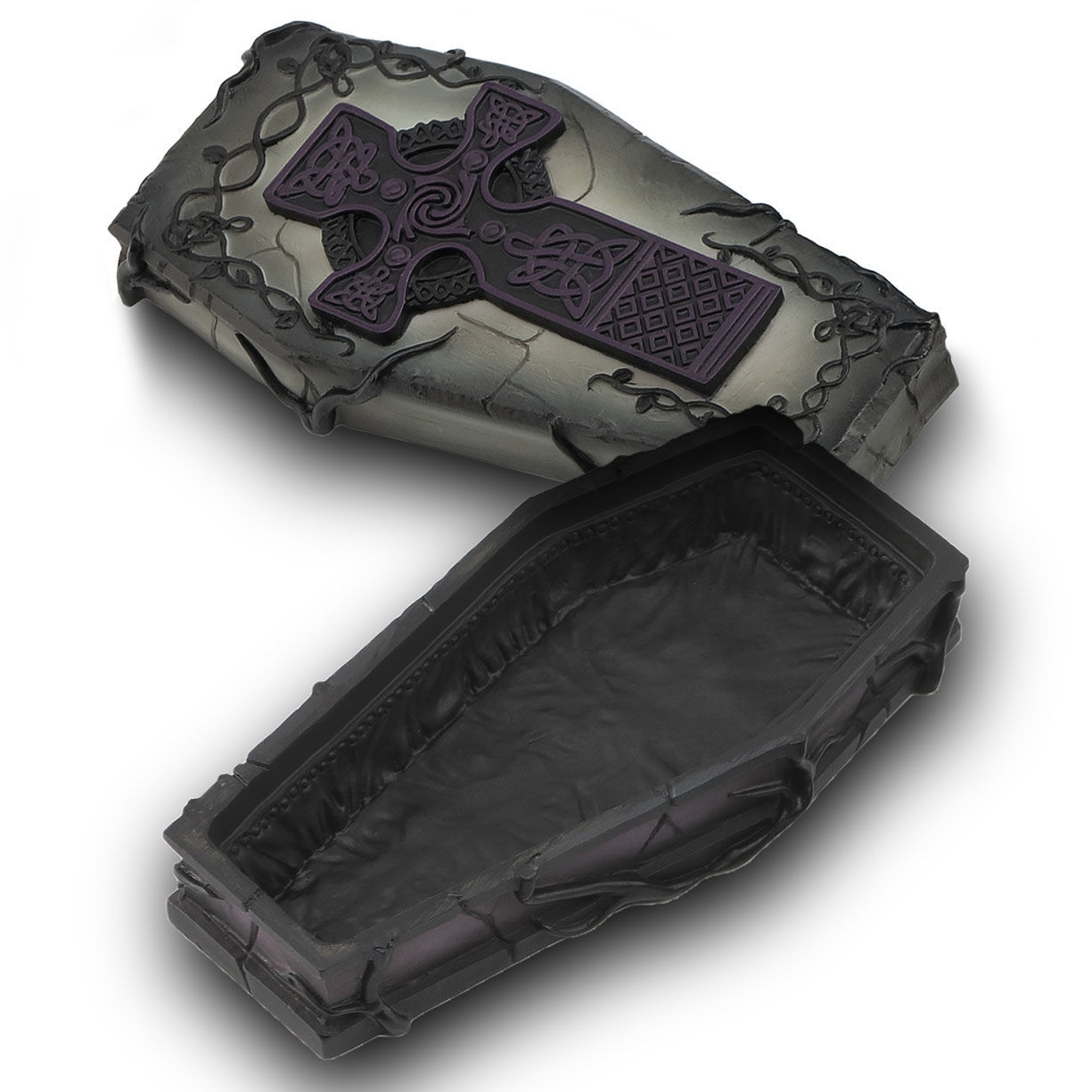 Celtic Cross Coffin Trinket Box has black and purple Celtic cross on lid, bottom resembles black satin on the inside
