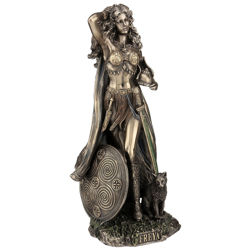 beautiful sculpture of Norse goddess Freya clothed in warrior attire, made in cold cast resin