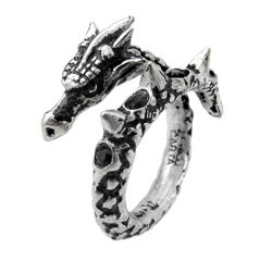 Pewter Vis Viva dragon-serpent wrap-around ring from Alchemy Gothic is set with three black Austrian crystals