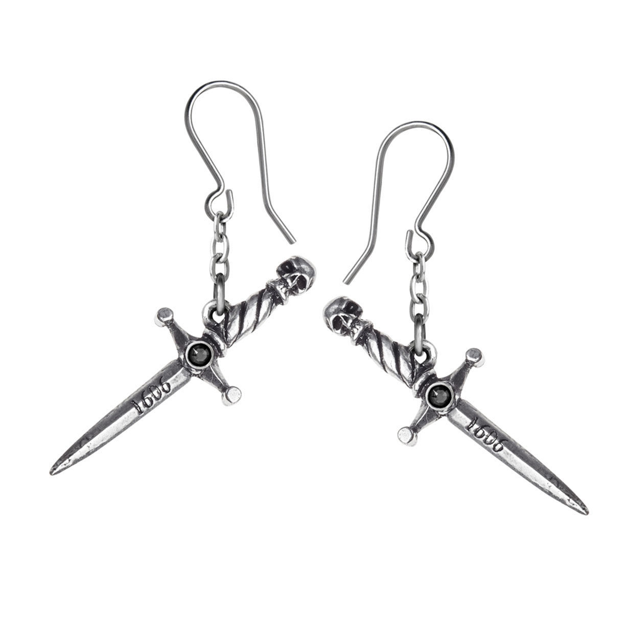 Hand of Macbeth earrings of small, antiqued daggers each have a small, black cabochon on the hilt and blades engraved with "1606"