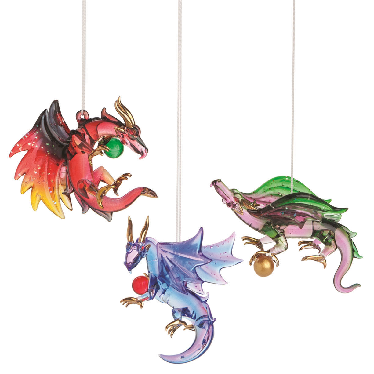 Set of 3 Dragons Handblown Glass Ornaments, each dragon has wings, horn and a ball