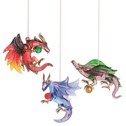 Set of 3 Dragons Handblown Glass Ornaments, each dragon has wings, horn and a ball
