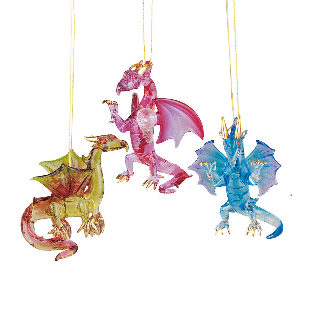 Set of 3 Mini Dragons Handblown Glass Ornaments