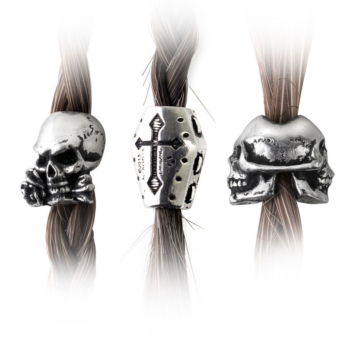 pewter beard beads include a Janus Skull, Alchemist's Skull, and a Coffin, thread them into your beard or hair