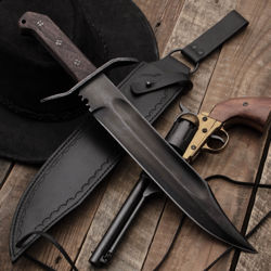 Battlecry Bowie knife has 1075 darkened steel blade with Mediterranean notch, wood handle, includes belt sheath