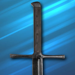 Battlecry Grosse Messer has a long grip, ebony-stained wood scales secured with rivets, and a blackened steel straight guard 