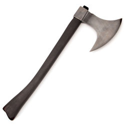 Medieval Huntsman Axe has a thick wooden hickory handle for a good grip, and a high carbon steel axe head