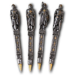 Set of 4 different writing pens with cast resin knights with a metalized silver and gold finish, writes in dark blue ink 