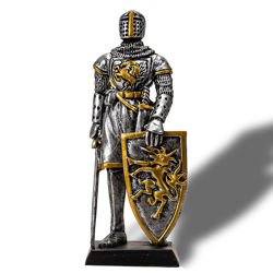 Miniature resin statue of a knight standing at attention holding a unicorn shield is hand painted with a metallic finish