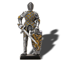 Miniature Knight Statue holding a Lion Rampant Shield stands 4/18" tall, cast resin with gold and silver metallic finish