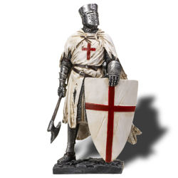 hand-painted resin statue of Battle Worn Crusader Knight with Axe statue in tattered cloak holding his sword and shield