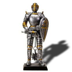 miniature hand-painted resin statue of an armored Knight with a free swinging mace holding a jousting shield