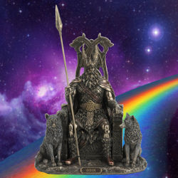 cold cast resin statue of Odin, King of the Norse Gods, on his throne in battle armor, flanked by his wolves, Geri and Freki