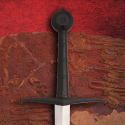 Windlass Black Prince Medieval Sword has a round pommel with an inlaid 4 heart clover design and a leather wrapped grip