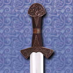 Suontaka Viking sword has detailed darkened copper fittings with knotwork designs on pommel, guard, grip and scabbard